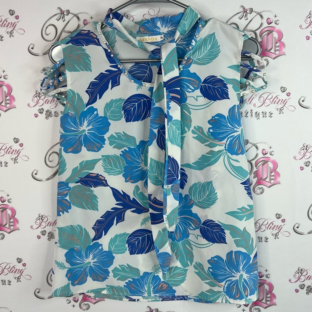 Afanda tank top tie up ribbon neck pearls hibiscus Blue and White Floral Blouse